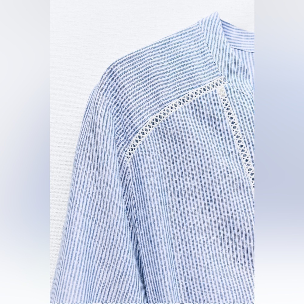 New ZARA Linen Bland Striped Inserts V-neck Long Sleeve Mini Dress - Picture 7 of 8